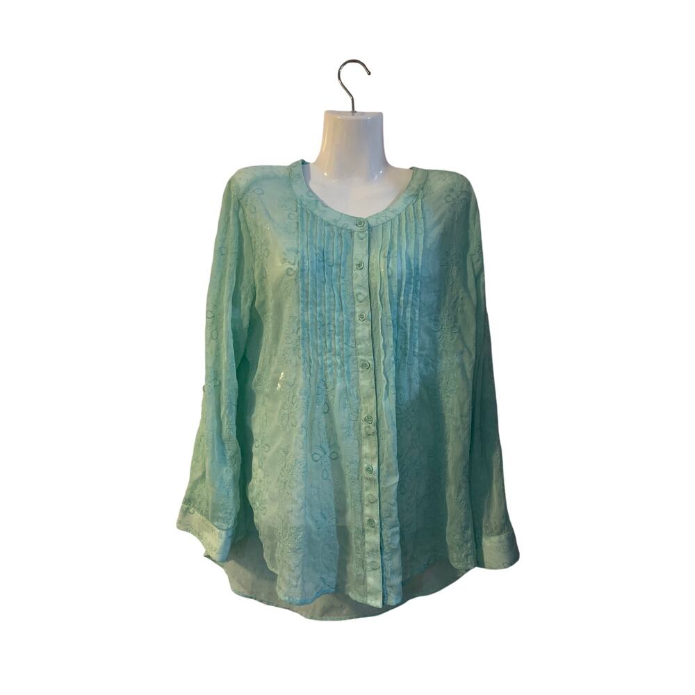 Chico's Kaydence Sheer Mint Embroidered Pintuck Pleated Blouse SZ L Boho Cottage